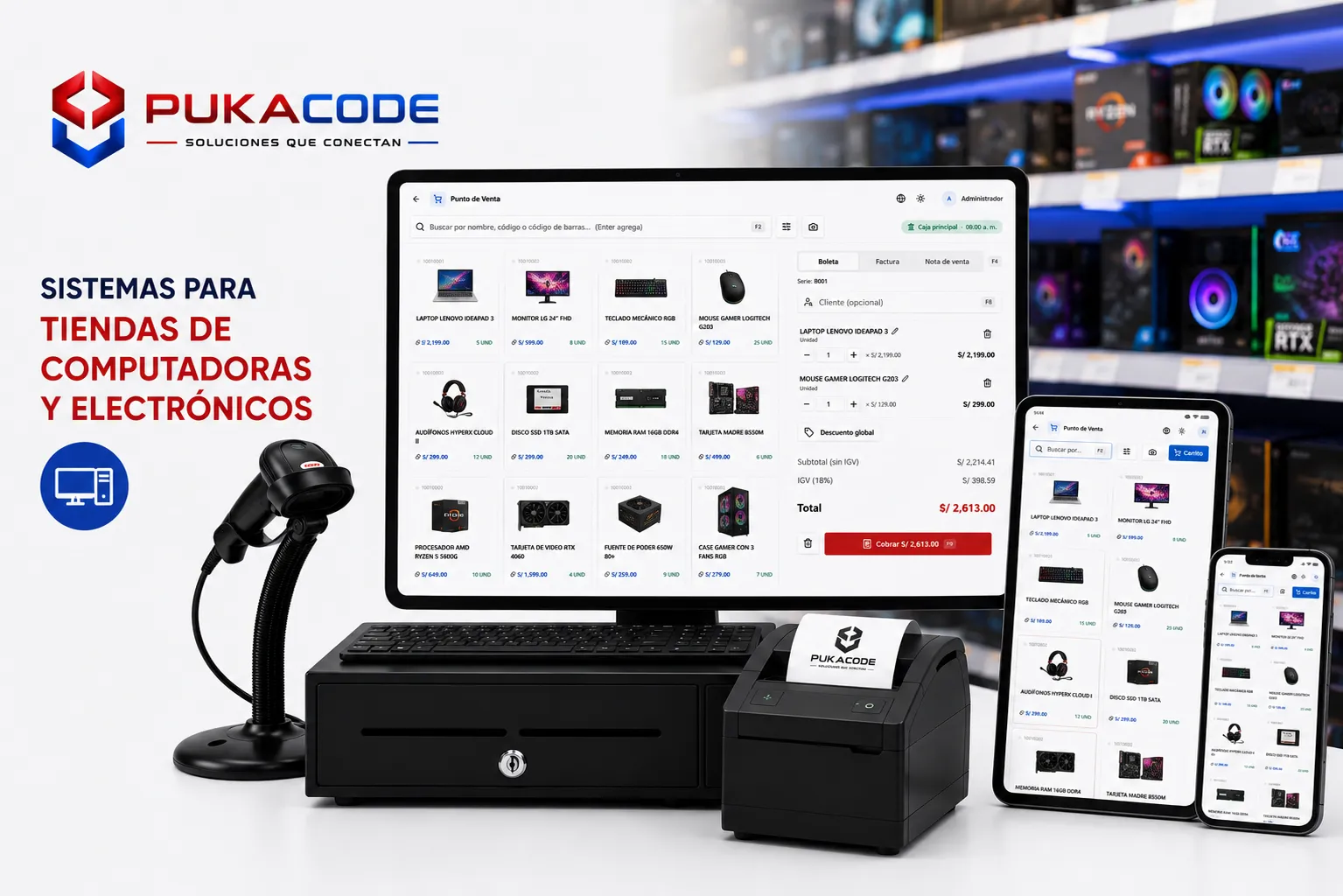 Pukacode para tiendas de computadoras y electrónicos: el punto de venta con laptops, monitores y periféricos en pantalla, junto al cajón de dinero y la impresora de tickets.