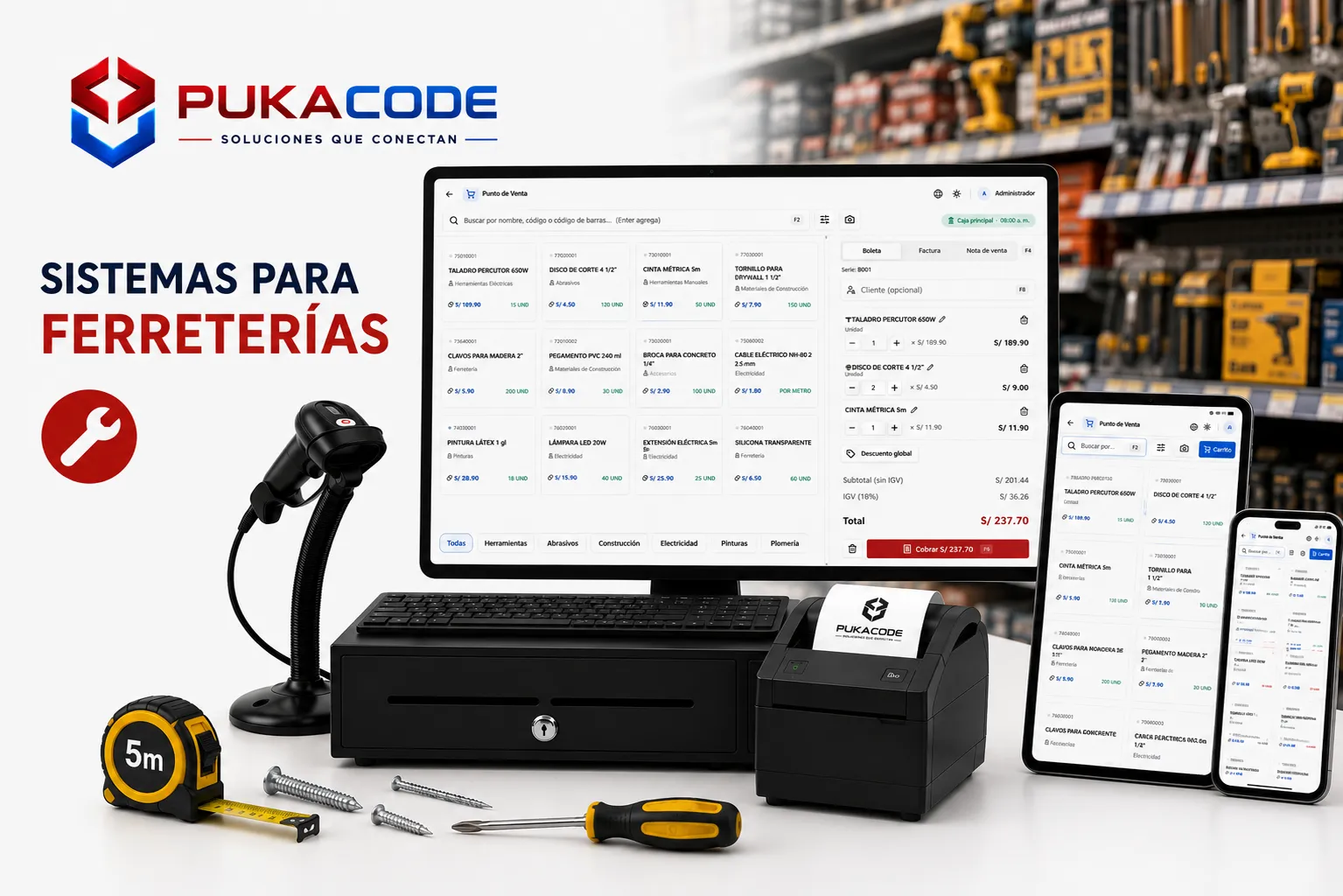 Pukacode para ferreterías: el punto de venta con herramientas y materiales de construcción en pantalla, junto al cajón de dinero, la impresora de tickets y el lector de códigos.