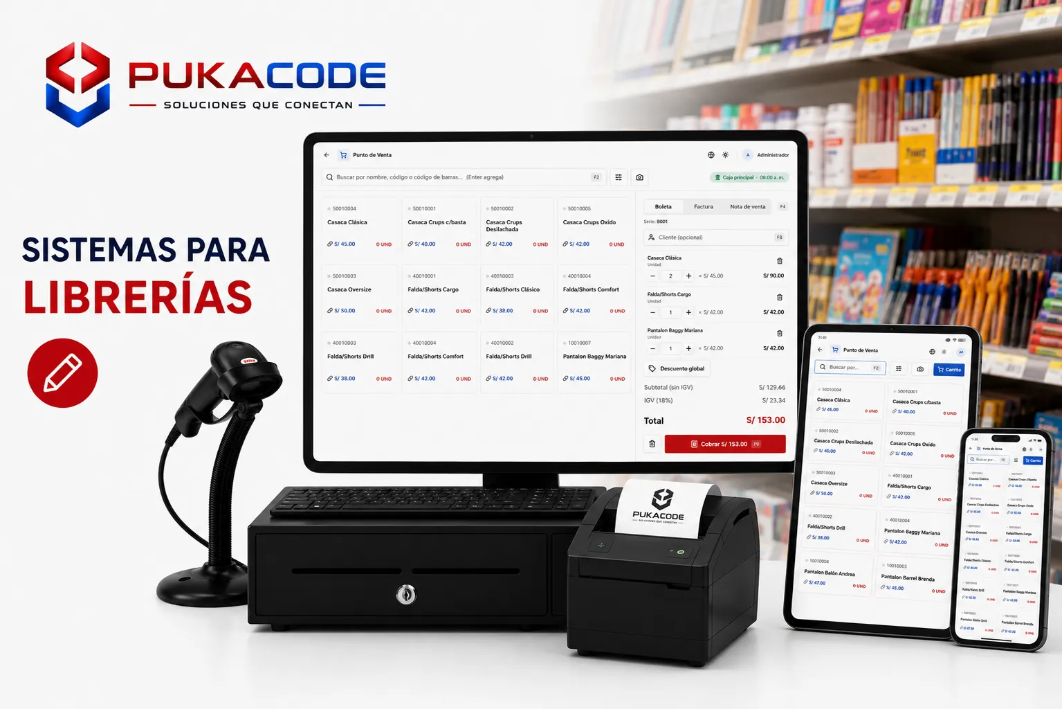 Pukacode para librerías: el punto de venta en pantalla, junto al cajón de dinero, la impresora de tickets y el lector de códigos.