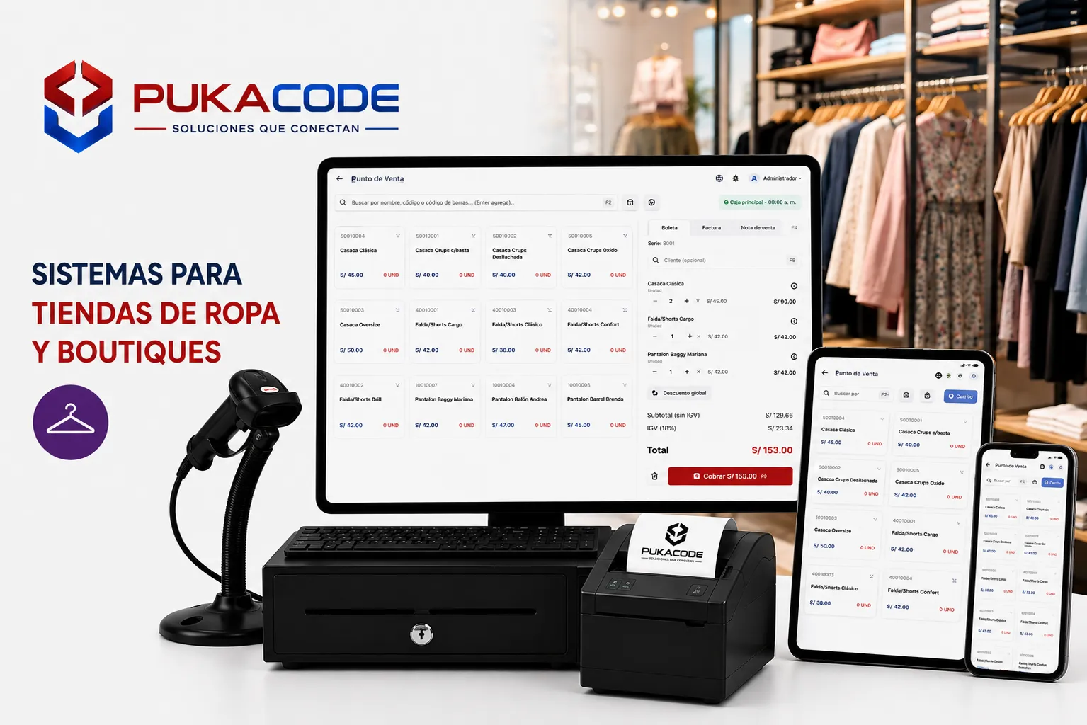 Pukacode para tiendas de ropa y boutiques: el punto de venta con casacas, faldas y pantalones en pantalla, junto al cajón de dinero y la impresora de tickets.